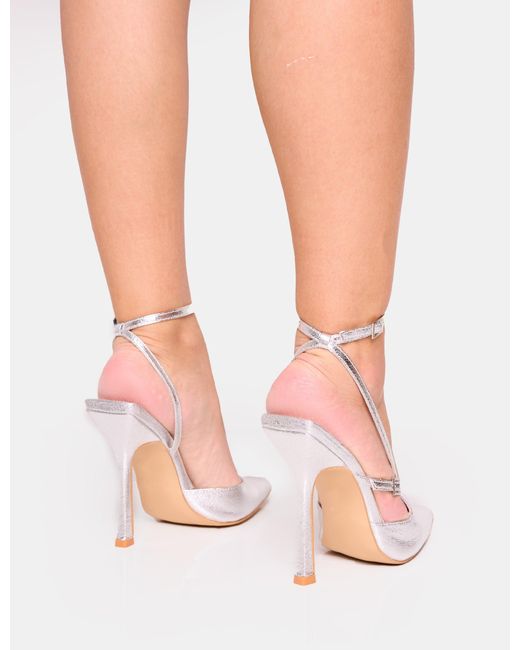 Public Desire White Idol Cracked Silver Buckle Strappy Detail Stiletto Pointed To Court High Heels