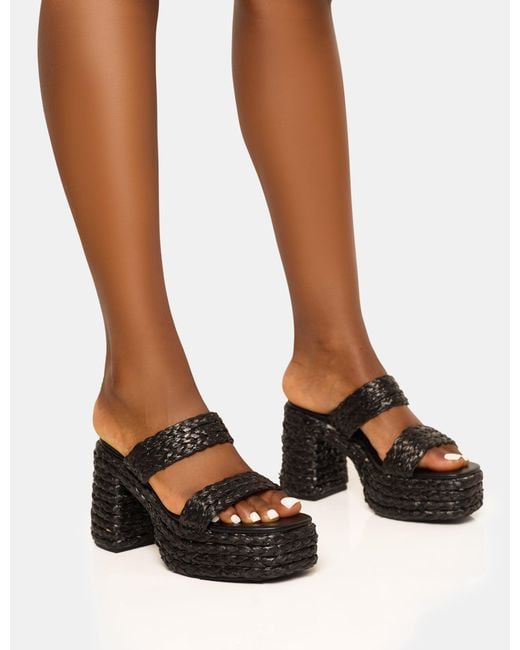 Public Desire Brown Cassidy Black Double Strap Jute Platform Block Heel