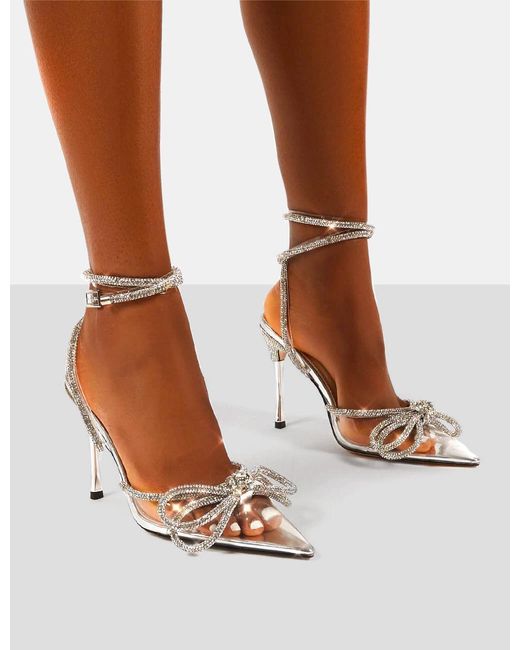 Public Desire Brown Midnight Clear Perspex Wide Fit Wrap Around Sparkly Diamante Bow Pointed Toe High Heel