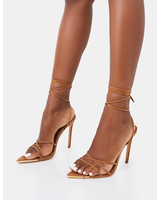 Public Desire Brown Isobel Tan Pu Lace Up Strappy Barely There Pointed Court High Heels