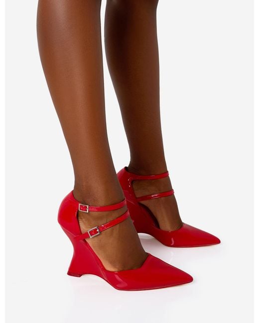 Public Desire Aspiration Red Patent Strappy Pointed Toe Platform Cut Out Wedge Heels