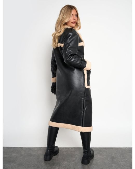Public Desire Multicolor Borg Lined Faux Leather Maxi Aviator Coat Black