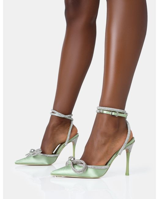 Public Desire Brown Midnight Sage Satin Wrap Around Diamante Bow Pointed Toe High Heels