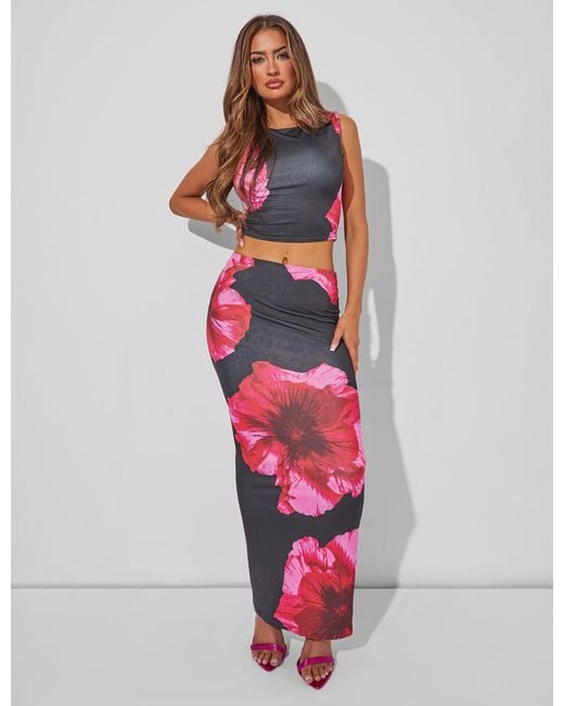 Public Desire Red Floral Print Slinky Floral Maxi Skirt Co Ord Multi