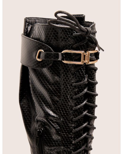 Public Desire White Infatuated Black Croc Lace Up Buckle Feature Stiletto Knee High Boots