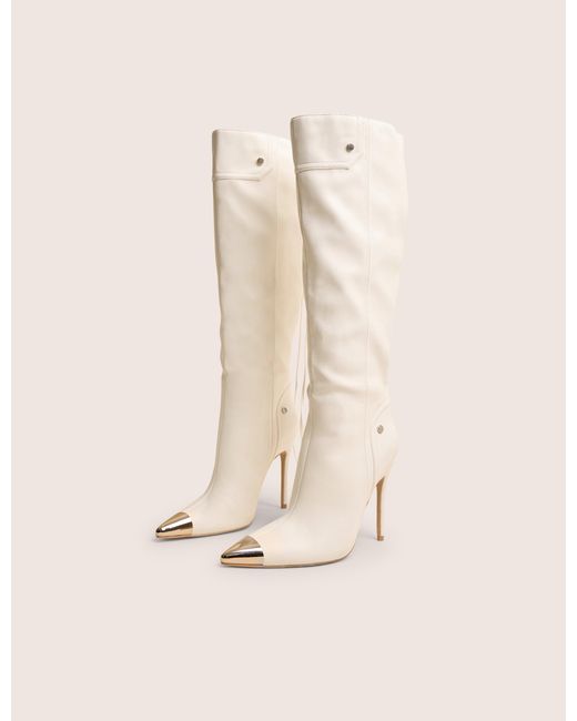 Public Desire Natural Finest White Toe Cap Detail Pointed Knee High Boots