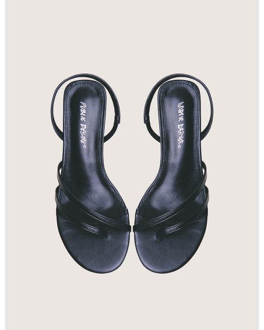 Public Desire Natural Helios Black Pu Asymmetric Toe Strap Sling Back Mid Heels