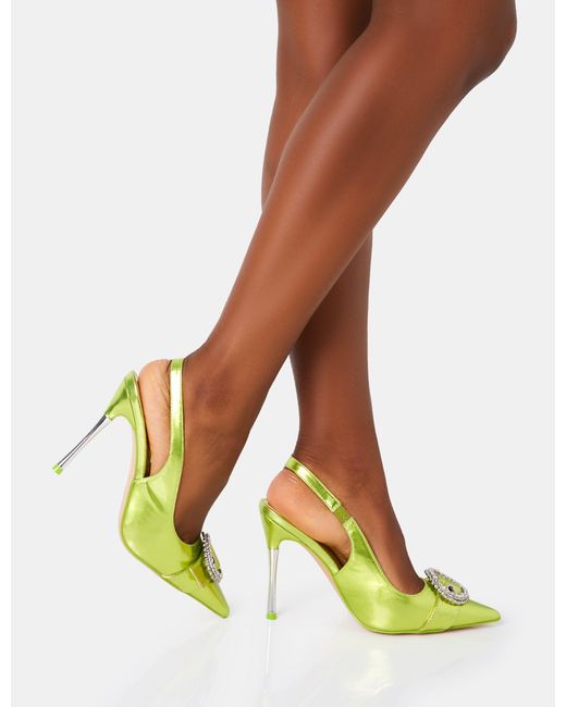 Public Desire Green Confession Lime Metalic Denim Diamante Buckle Broach Detail Slingback Pointed Court Stiletto High Heels