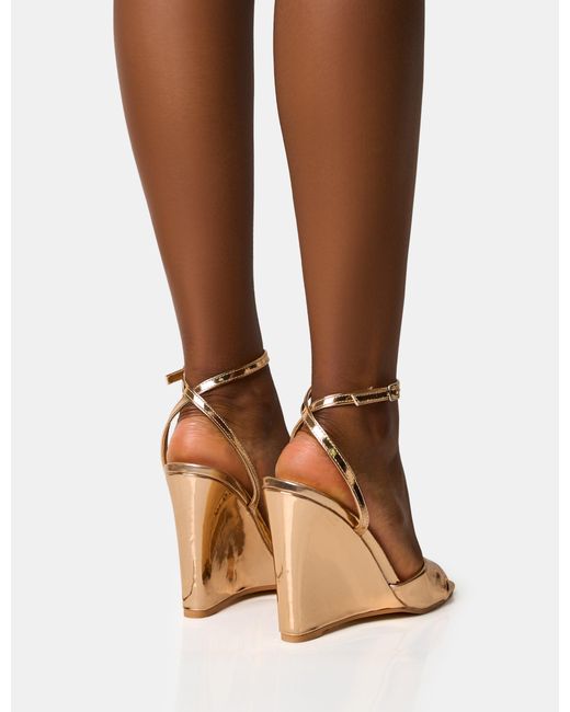 Public Desire Brown Connection Rose Gold Strappy Peep Toe Wedges