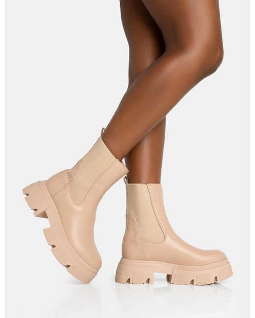 Public Desire Natural Edgy Taupe Pu Elasticated Ankle Rounded Chunky Sole Ankle Boots