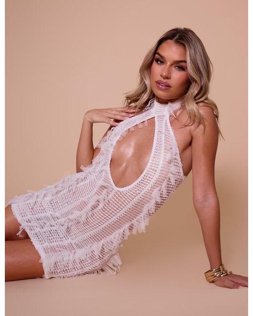 Public Desire Purple Feather Detail Key Hole High Neck Mini Dress White