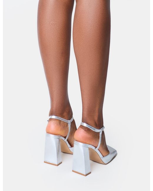 Public Desire White Leighton Cracked Silver Slant Toe Block Heels