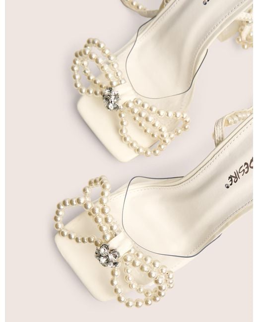 Public Desire Brown Glimmer White Wrap Around Pearl Detail Bow Square Toe Cake Stand Heels
