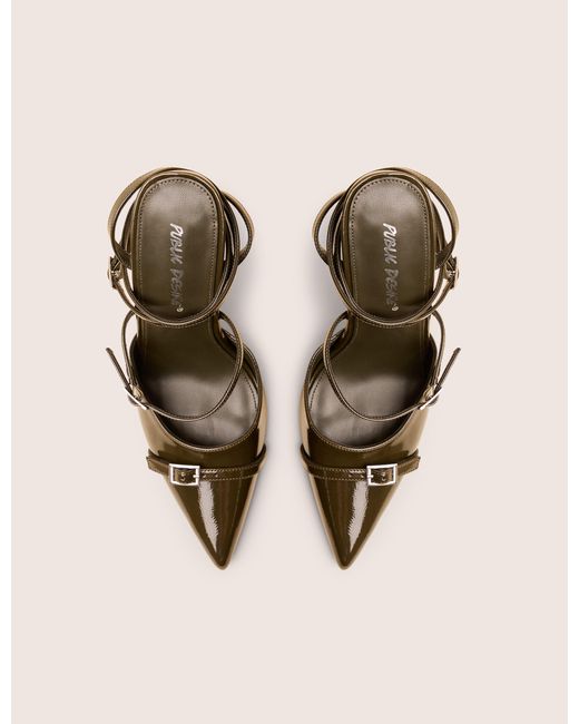 Public Desire Natural Viper Green Patent Three Strap Buckle Detail Court Heels