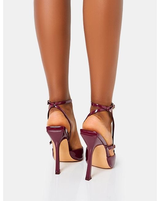 Public Desire Pink Idol Burgundy Patent Buckle Strappy Detail Stiletto Court High Heels