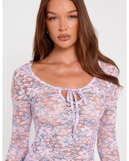 Public Desire Long Sleeve Sheer Printed Floral Lace Scoop Neck Top Pink