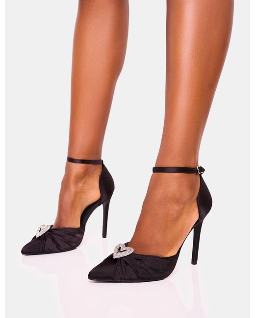 Public Desire Multicolor Meant To Be Black Satin Diamante Heart Court Stiletto Heel