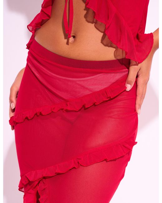 Public Desire Frill Detail Mesh Slit Maxi Skirt Co-ord Red