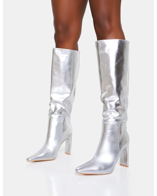 Public Desire White Undone Silver Pu Knee High Zip Up Pointed Toe Thin Block Heeled Boots