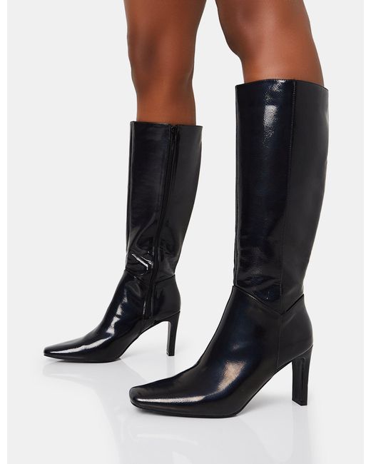 Public Desire Pose Wide Fit Black Textured Zip Up Knee High Slim Block Heeled Boots