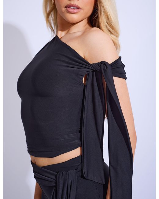 Public Desire Blue Knot Detail Asymmetric One Shoulder Luxe Slinky Top Black