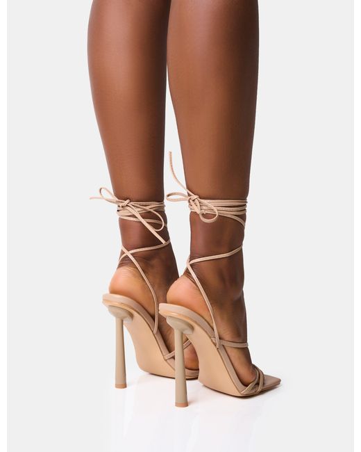 Public Desire Brown Bad Gal Nude Strappy Lace Up Square Toe Heels