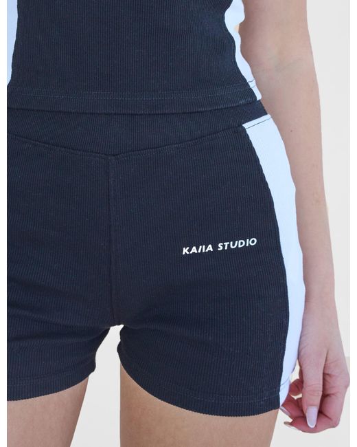 Public Desire Blue Kaiia Studio Contrast Panel Ribbed Mini Shorts Black & White