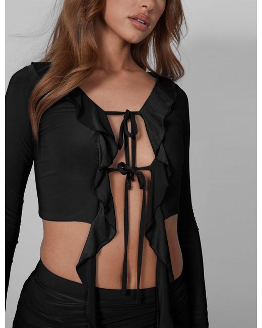 Public Desire Frill Detail Tie Front Cardigan Top Black