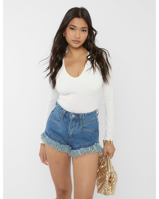 Public Desire High Waist Frayed Denim Shorts Light Blue