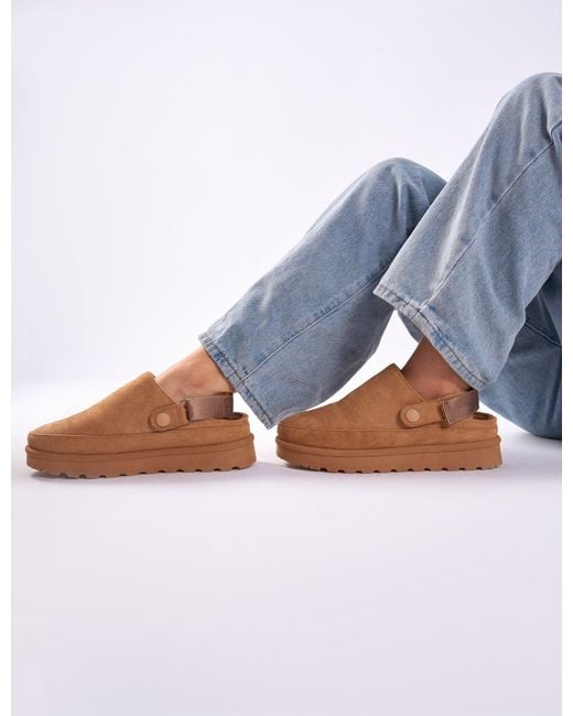 Public Desire Blue Goldie Chesnut Faux Fur Lined Mules