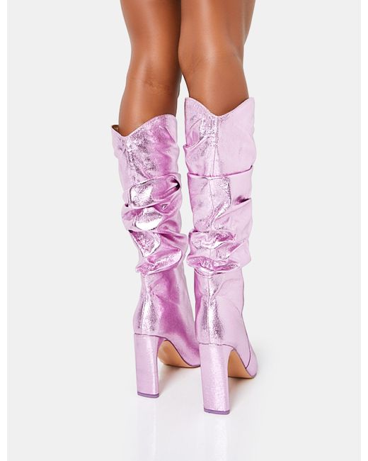 Public Desire Manhattan Metallic Pink Pointed Toe Knee High Narrow Block Heel Boots