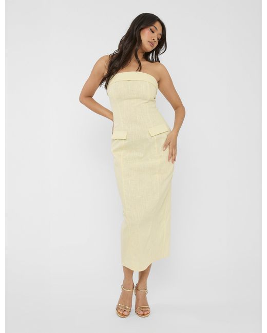 Public Desire Multicolor Linen Look Tailored Fold Over Bandeau Pocket Detail Midi Dress Yellow
