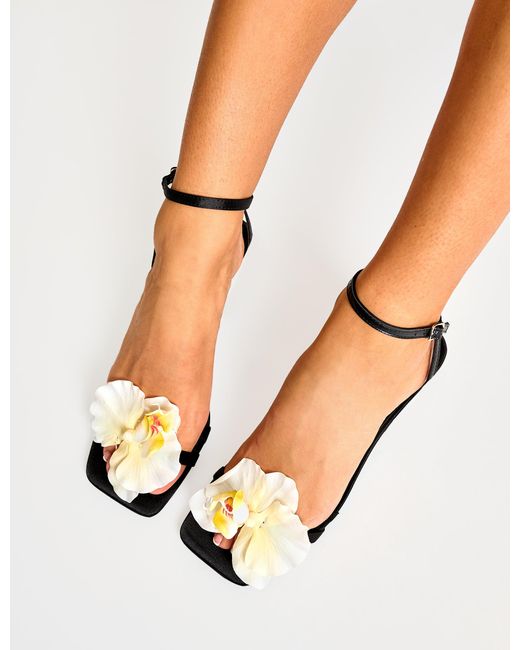 Public Desire Nara Black Satin White Orchid Flower Square Toe Stiletto Mid Heels