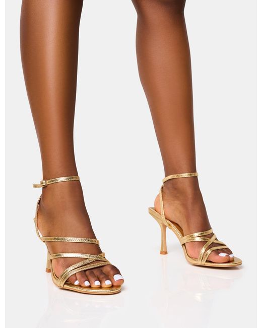Public Desire Brown Free Spirit Wide Fit Gold Strappy Round Toe Mid Heels
