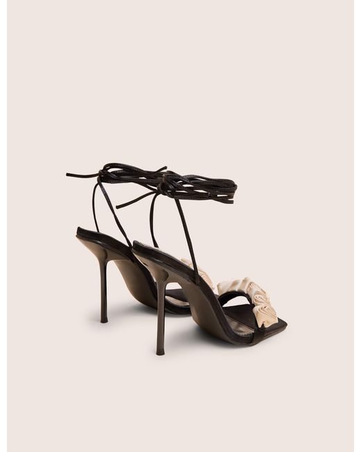 Public Desire Natural Marigold Black Satin Cream Rose Detail Lace Up Heels