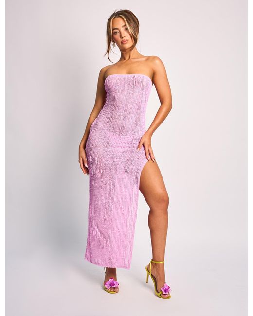 Public Desire Pink Textured Bandeau Side Split Detail Midaxi Dress Lilac