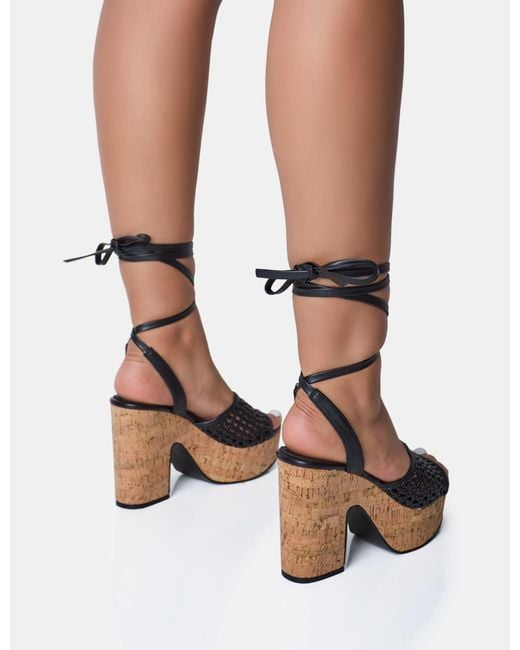 Public Desire Jos Black Wide Fit Netted Lace Up Cork Platform Sandals