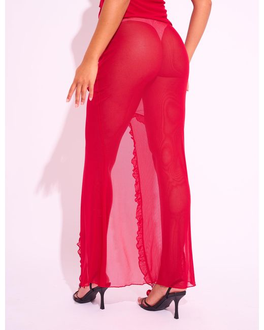 Public Desire Frill Detail Mesh Slit Maxi Skirt Co-ord Red