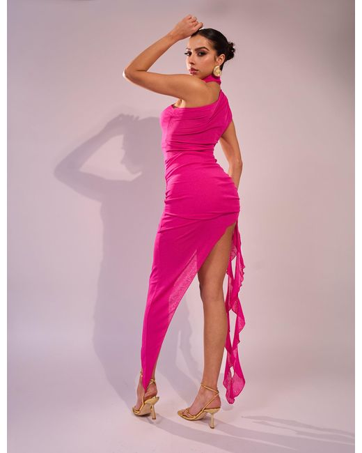 Public Desire Mesh Choker Detail Asymmetric Midaxi Dress Fuchsia Pink