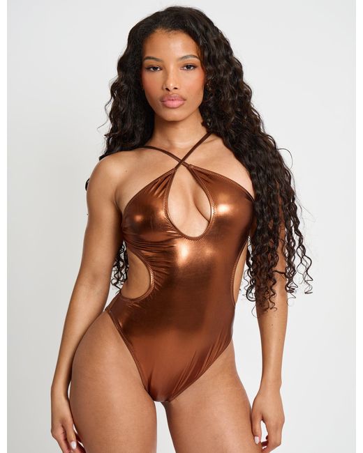 Public Desire Halter Neck Cut Out Swimsuit Chocolate Brown