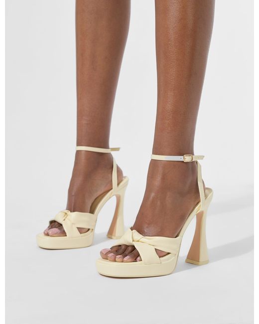 Public Desire White Trendsetter Butter Yellow Pu Knot Detail Flare Platform Heels