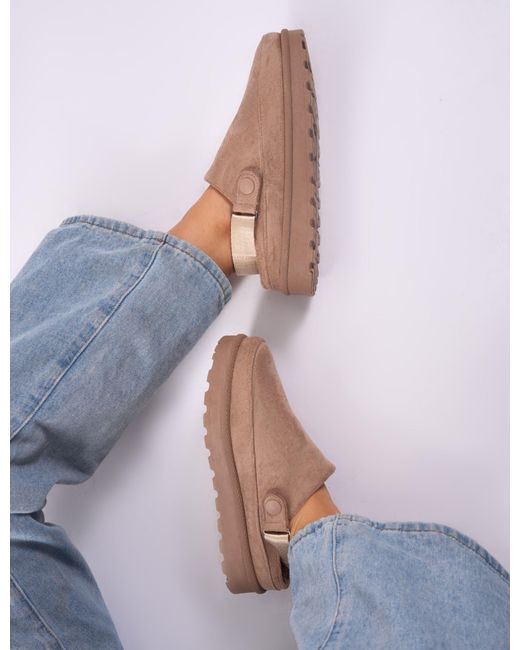 Public Desire Brown Goldie Beige Faux Fur Lined Mules