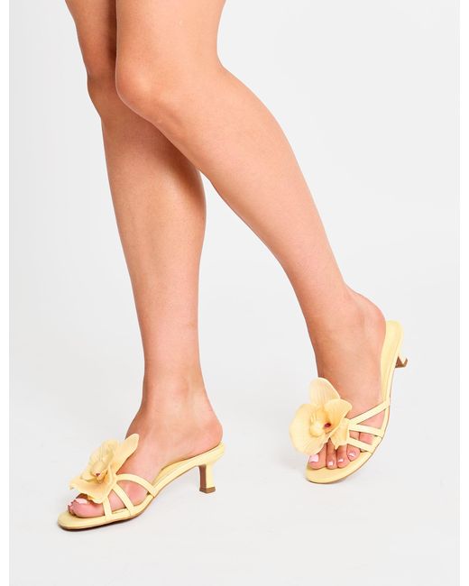 Public Desire White Nikah Yellow Pu 3-d Floral Mule Mid Heels