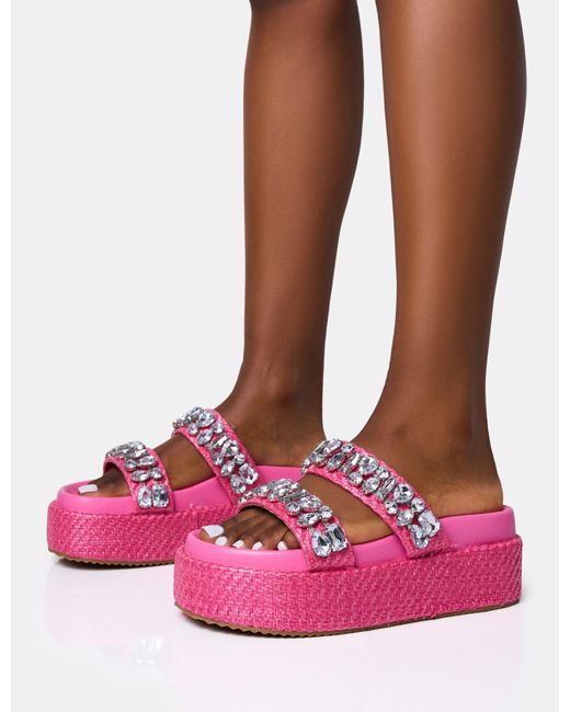 Public Desire Duchess Pink Raffia Double Strap Embellished Platform Slider Sandals