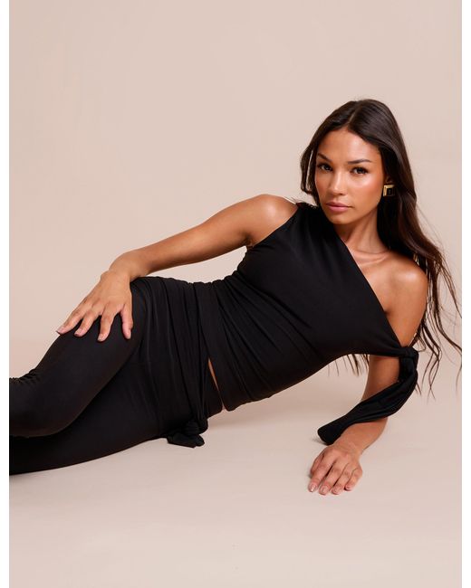 Public Desire Blue Knot Detail Asymmetric One Shoulder Luxe Slinky Top Black