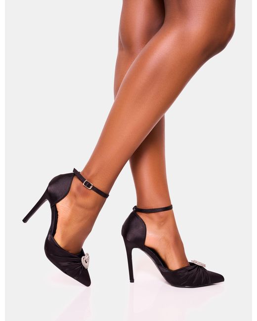 Public Desire Multicolor Meant To Be Black Satin Diamante Heart Court Stiletto Heel