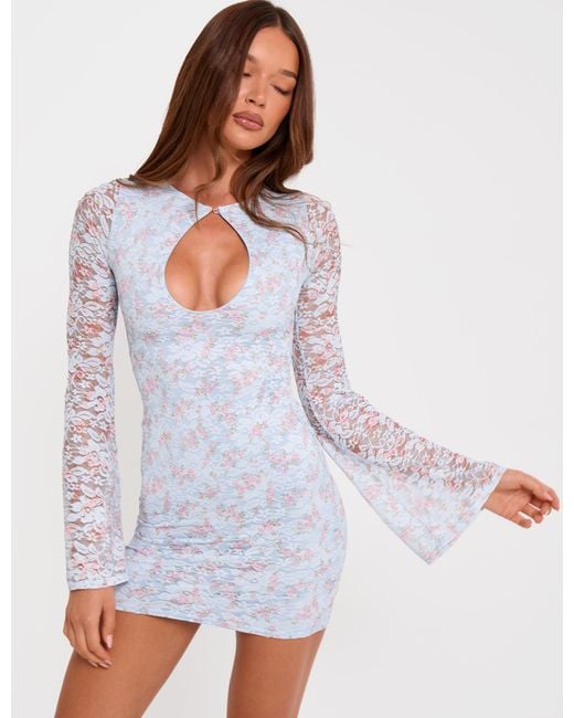 Public Desire White Flared Long Sleeve Floral Lace Mini Dress Blue