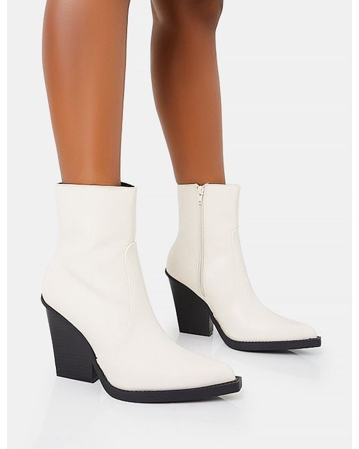 Public Desire Jessie White Pu Western Black Contrast Sole Block Heeled Ankle Boots