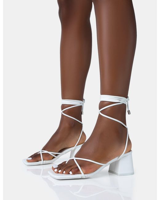 Public Desire Brown Aerin White Pu Lace Up Strappy Square Toe Block Mid Heels