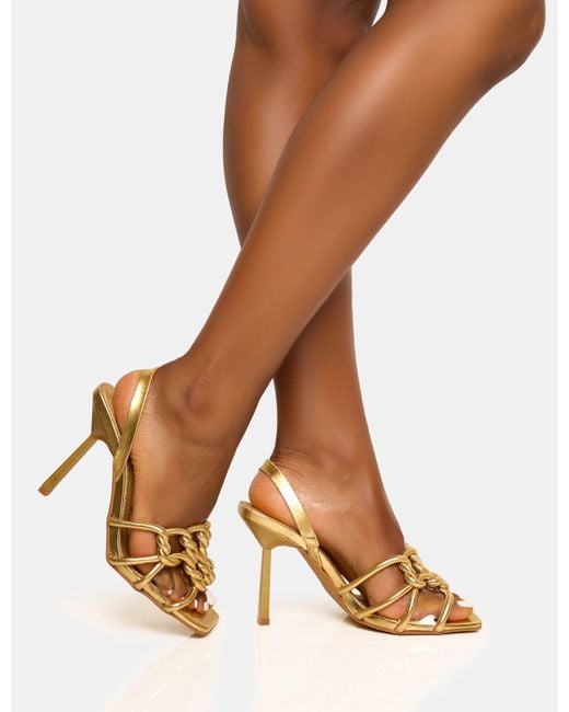 Public Desire Brown Rayne Gold Knotted Upper Slingback Square Toe Heels